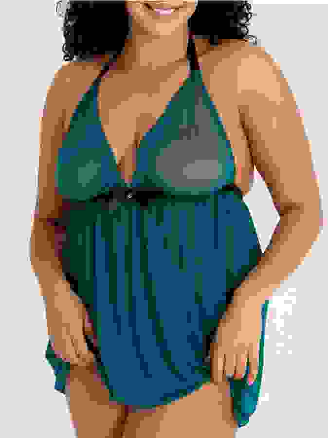 Lovehoney Plus Size Barely There Sheer Green Babydoll Set, Green, hi-res